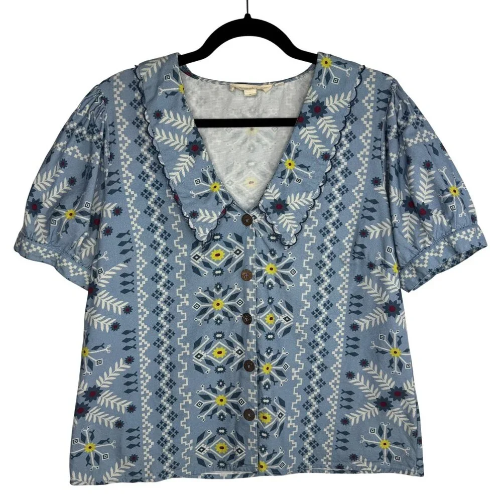 Anthropologie Sz M Blue Floral Geometric Blouse Scallop Collar Twee Schoolgirl